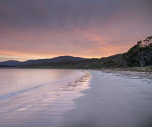 Cloudy Bay Beach is a remote and pristine stretch of sand on Bruny Island, ideal for beachcombing, surfing, and enjoying the tranquility of nature.