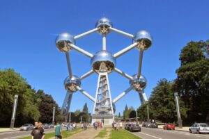 An iconic building shaped like a molecule, offering panoramic views of the city.