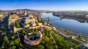 Historical sites in Budapest Hungary, such as this historic palace complex offer tourists views of the city, the Hungarian National Gallery, and the Budapest History Museum.