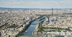 Aerial view of the Eiffel Tower with the river Seine, Paris France.