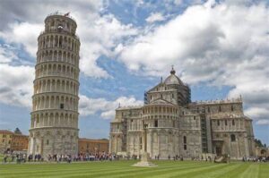 A famous bell tower known for its distinctive tilt, the Leaning Tower of Pisa is part of the Cathedral complex in Piazza Dei Miracoli.