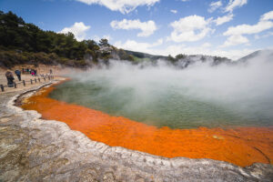 This geothermal park near Rotorua features colorful hot springs, geysers, and volcanic craters.