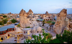 Known for its unique rock formations, fairy chimneys, and cave dwellings, Cappadocia offers breathtaking landscapes. Hot air balloon rides at sunrise provide stunning views of the region's surreal terrain.Cappadocia, is one of the most beautiful places for visitors, in Turkey.