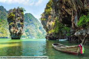 Famous for its emerald waters and limestone karsts, Phang Nga Bay is home to James Bond Island, where The Man with the Golden Gun was filmed. Visitors can explore hidden lagoons and caves by kayak, taking in the stunning scenery.