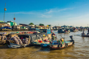 The Mekong Delta is a vast network of rivers, swamps, and islands, known for its lush landscapes and vibrant floating markets. Tourists can take boat tours to explore the waterways, visit local farms, and experience the unique culture of the delta communities.